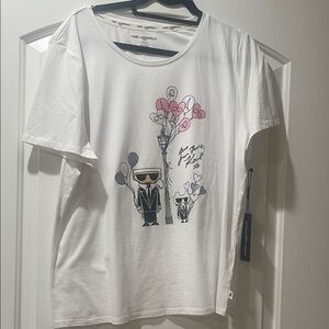 Karl Lagerfeld White Tee with Pink and Gray Balloon Graphic with rhinestones NWT